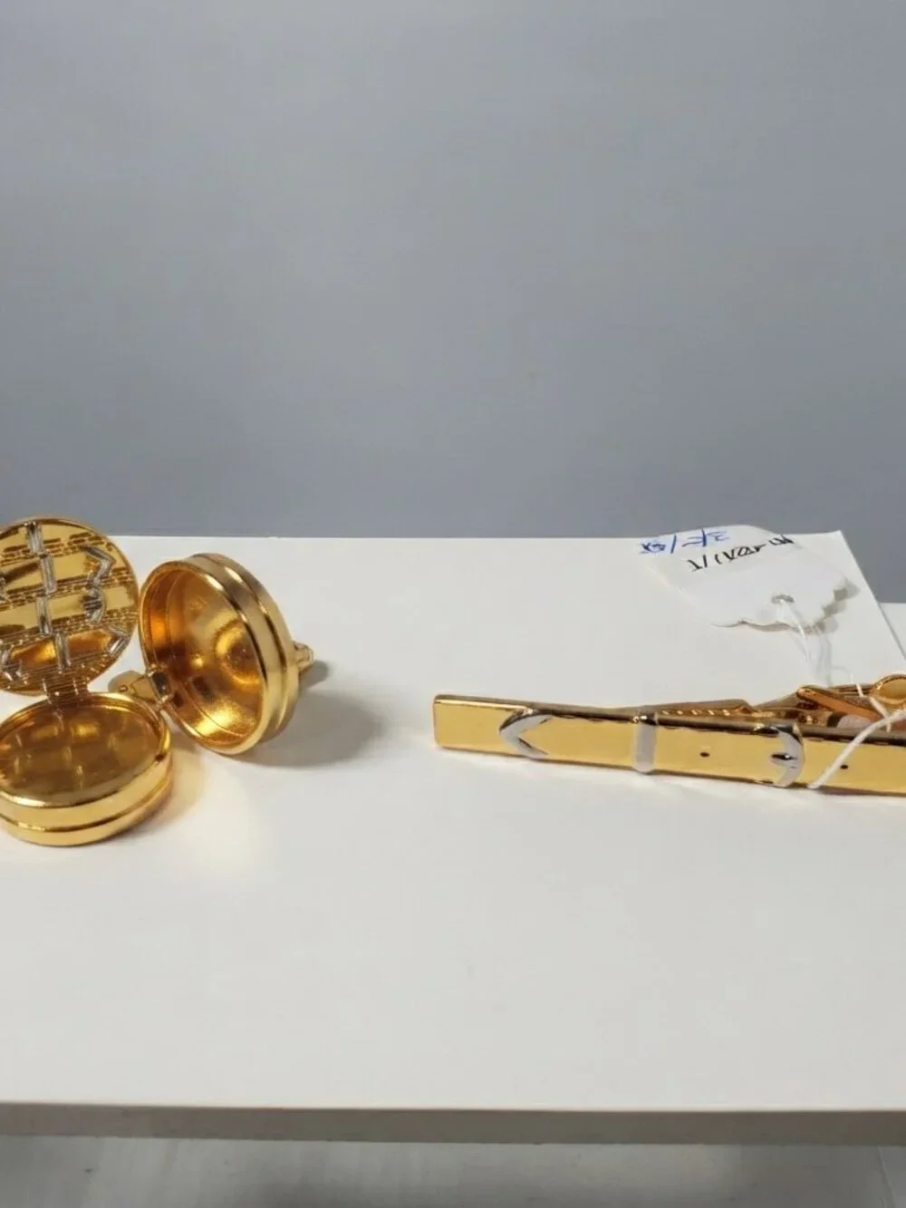 Gold & Silver-Tone Belt-Design Tie Clip and Round Button Cover Cuff Link Set